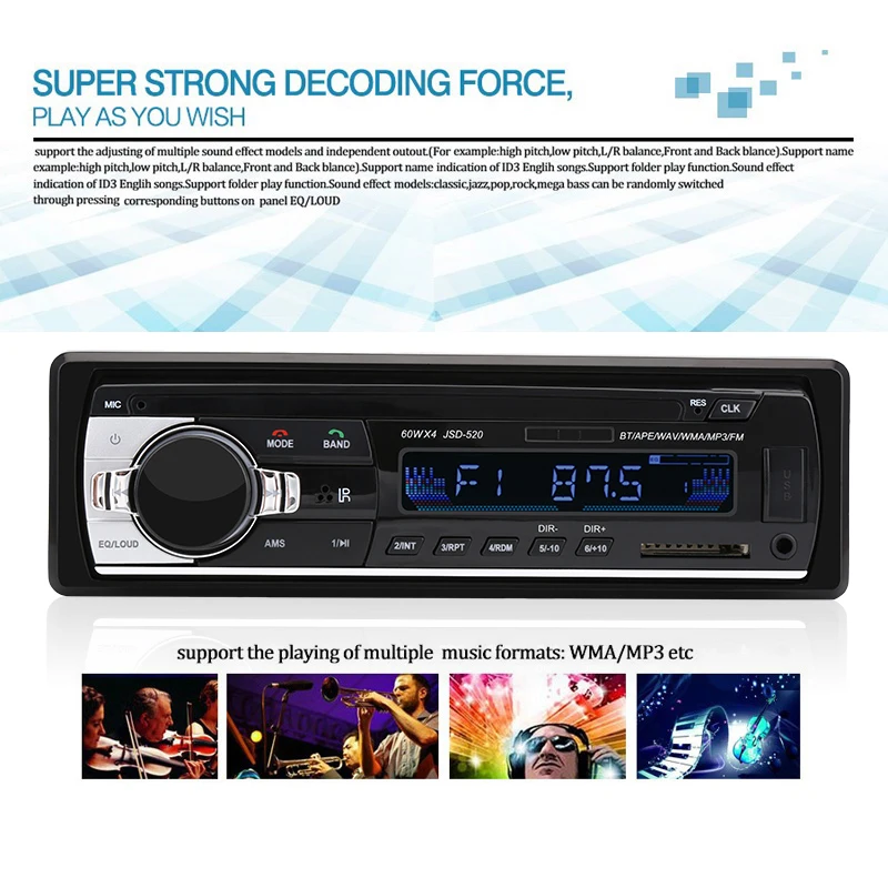 Одиночный Din автомобильный стерео аудио 12 в Bluetooth V2.0 In-dash fm-приемник Aux Входной приемник USB MP3 MMC WMA FLAC автомобильный Радио плеер