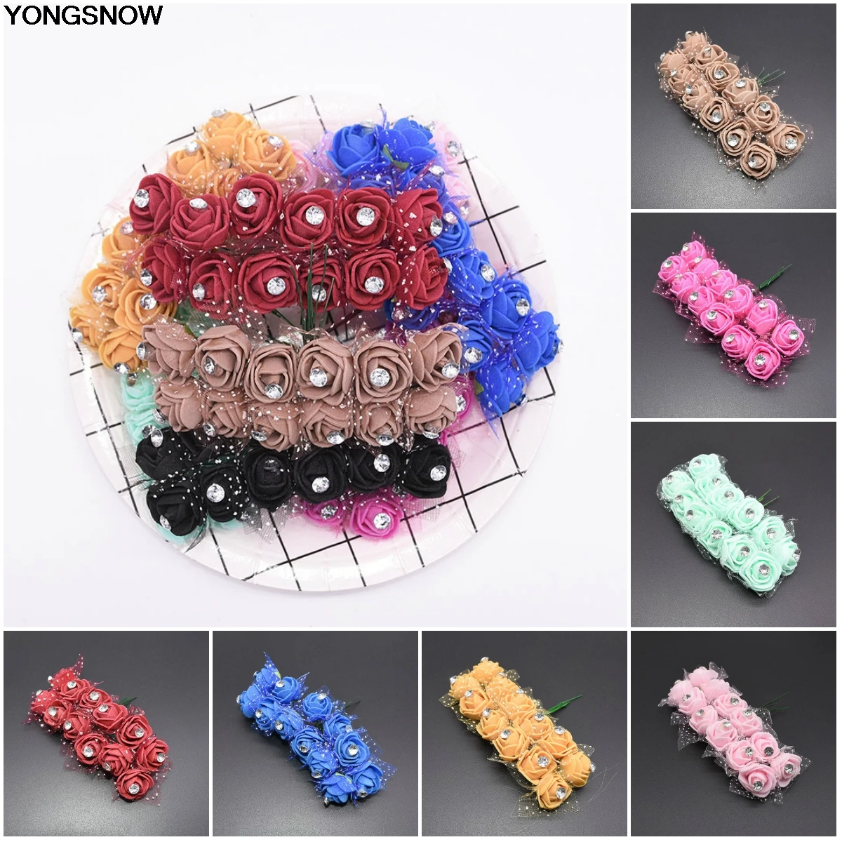 

YONGSNOW 36/72/144pcs Fake Foam Crystal Diamond Artificial Flower Bouquet For Wedding Car Engagement Valentine's Day Decoration