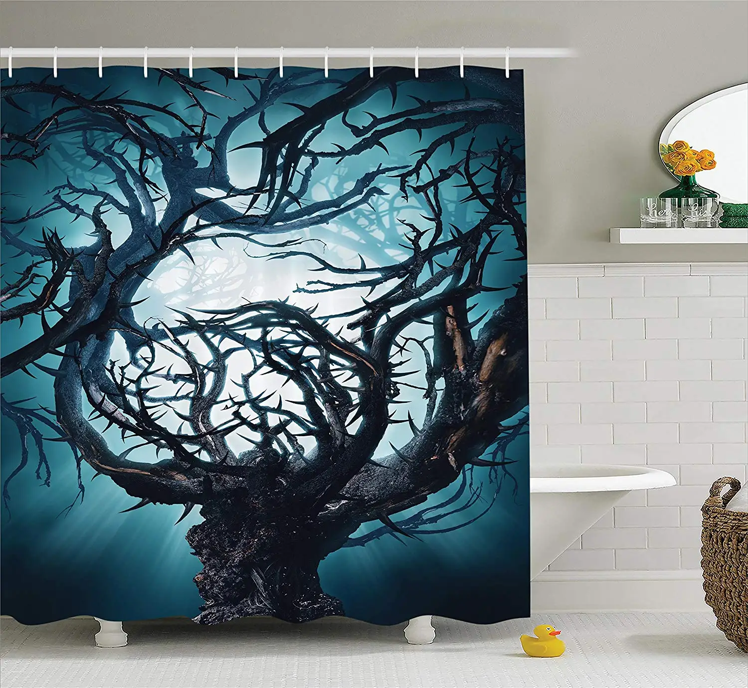 

Mystic Decor Shower Curtain Big Mystic Tree with Thorns Branch in Light Spooky Night Fantasy Illustration Teal White