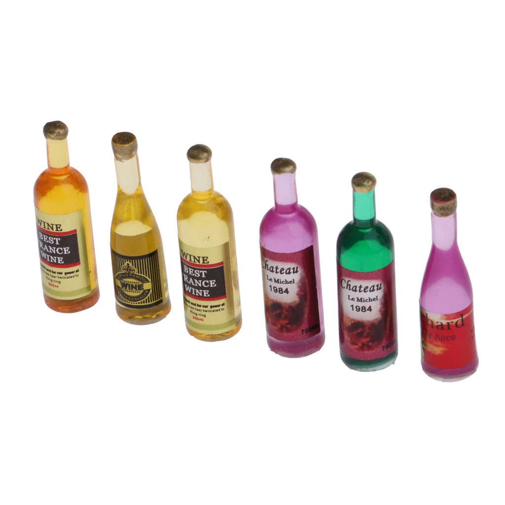 Set of 6 Pieces Miniature Wine Bottles Model Dollhouse Foods Accessories 1/12 Scale Wine Bottles Model Foods Groceries