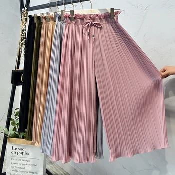 

Summer Ruffles Women Chiffon Wide Leg Pants Solid Color High Waist Pleated Pants Ankle-Length