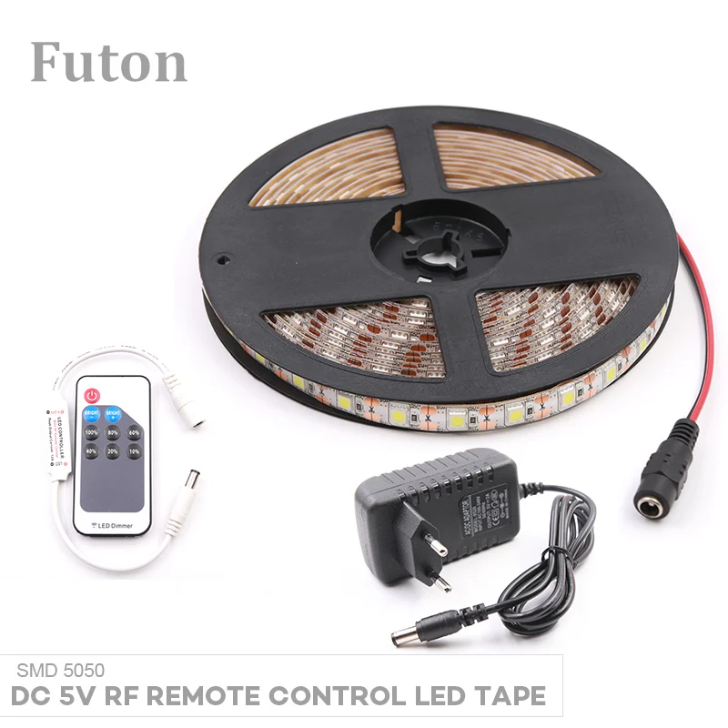 

5m DC 5V Wireless RF Remote Control Dimmer LED Light Strip With Adapter SMD5050 Waterproof Flexible LED Tape For Decoration