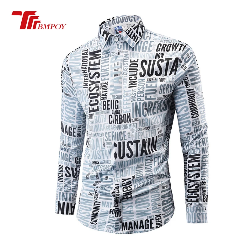 High Quality Men Shirt Long Sleeve Loose fit Alphabet Letter Print Turn-down Collar camisas Big Size Dress Shirts