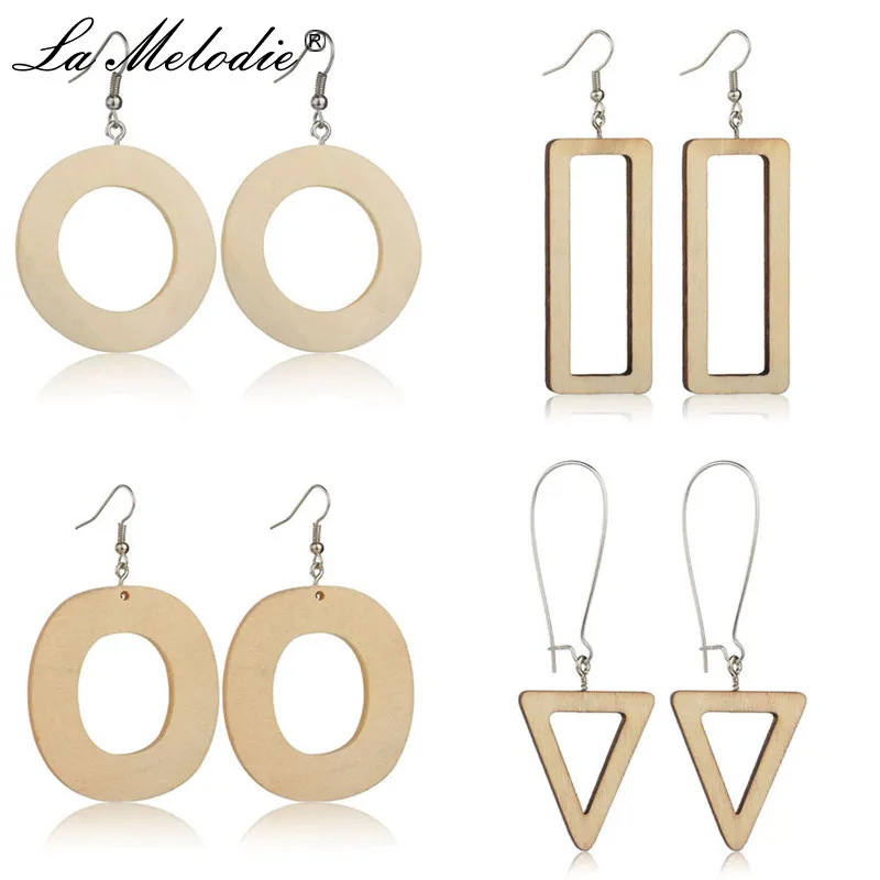 

New DIY Hand-made Triangle Rectangle Round Nature Wood Drop Earring For Women Geometric Wooden Alloy Hooks Dangle Earring Female