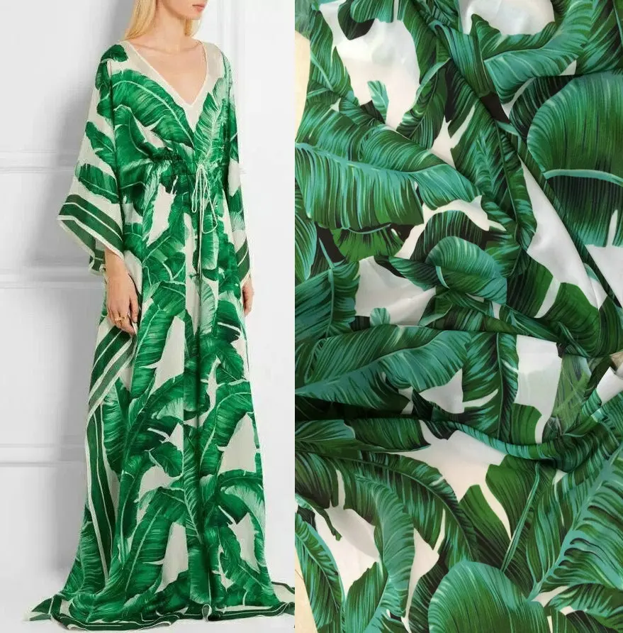 

Chiffon Fabric Polyester Green Banana Leaf Printed American Sicilian Dress Clothing Skirt DIY Cloth 1 Meter