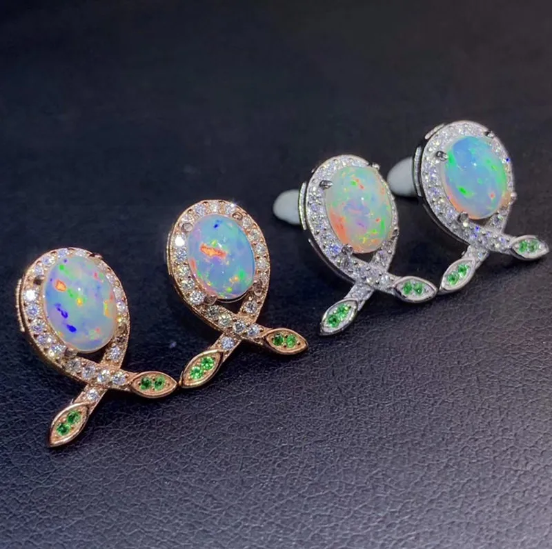 Натуральный белый опал серьги-гвоздики 0.5ct* 2шт драгоценный камень 925 стерлингового серебра ювелирные украшения# S962709