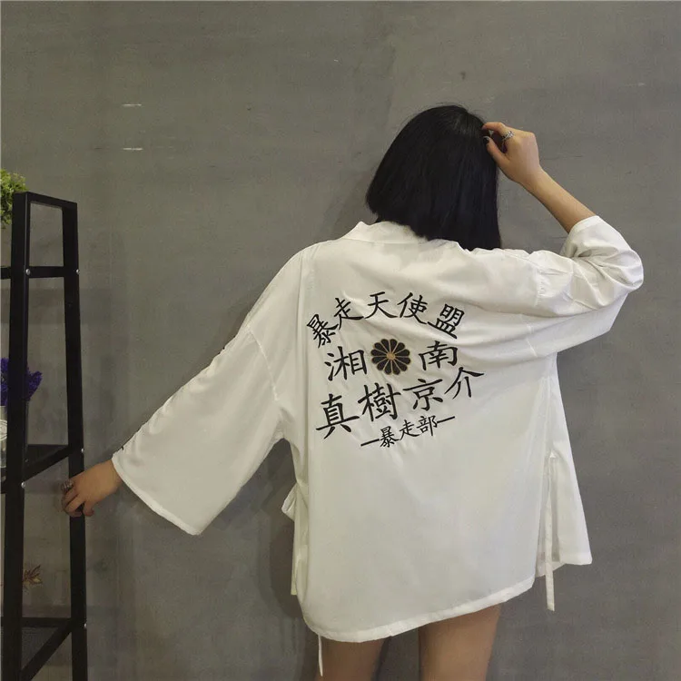 Harajuku модные женские туфли блузки летние кимоно в винтажном стиле Kawaii кардиган тонкий солнце Защитная накидка Cover Up Летняя блуза wj2110