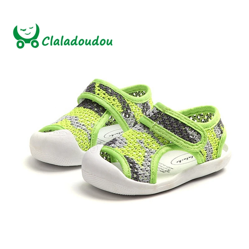 

Claladoudou 12-14CM 2019 Green Knitting Leopard Closed Toe Baby Beach Sandals Blue Gray Red Mesh Boys Girls Summer Out Walkers