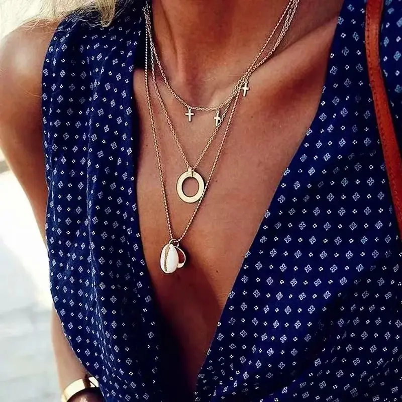 

Fashion Simple Bohemian Round Shell Moon Necklace Pendant Chain Necklaces For Women Gold Color Multilayer Choker Necklace