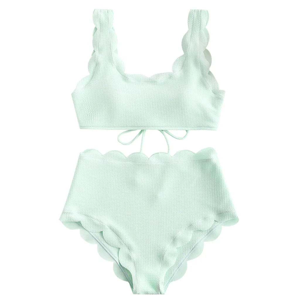 Women Scalloped Textured High Waisted Bikini Set Solid Two Pieces Beach Summer Elastic Underwear | Женская одежда