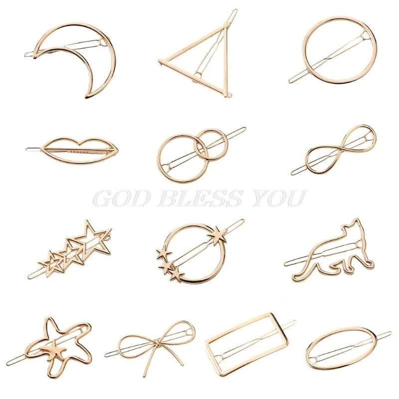 13 Styles Women Metal Alloy Minimalist Hair Clip Hollow Geometric Triangle Bowknot Lips Shape Hairpins Ponytail Holder Clamp