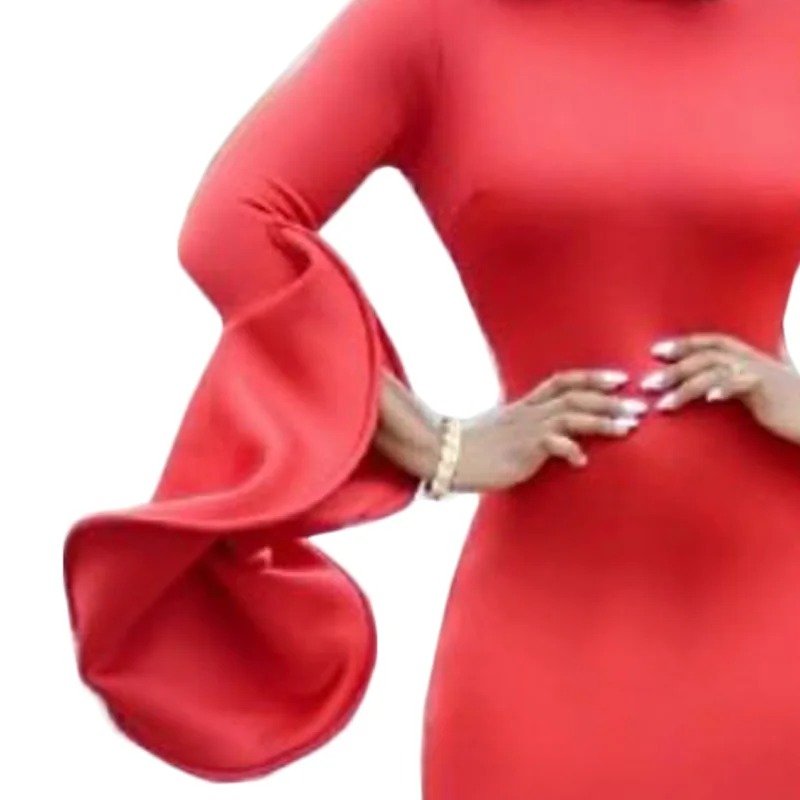 Новинка, женское облегающее платье с оборками с длинными рукавами, тонкая офисная одежда, Элегантная стильная красная однотонная посылка, женские халаты, туники