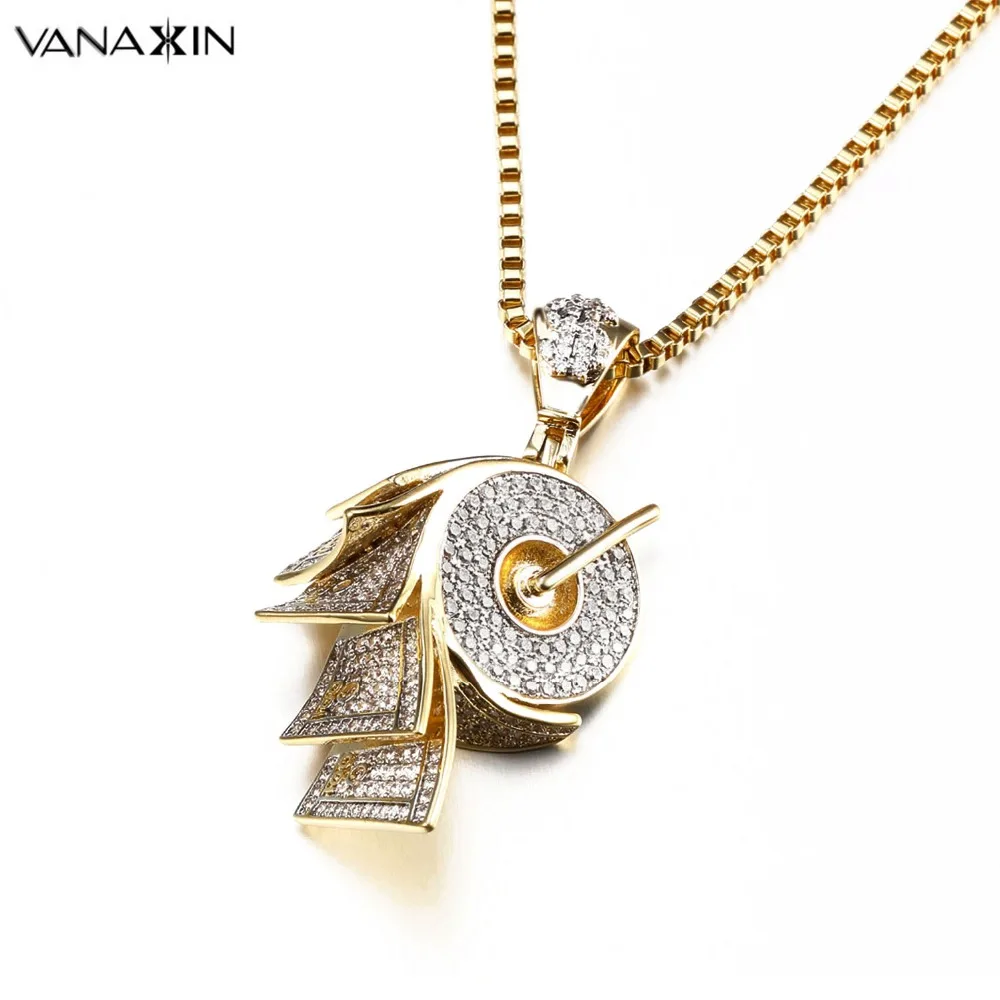 

VANAXIN US Dollar Money Necklace Pendant Gold Color Stack 100 Banknote Bill Roll AAA Iced Out Zircons Fashion Jewelry For Men