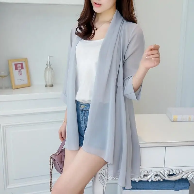 

MLXSLKY Sun protection clothing female long thin summer chiffon cardigan large size solid color cardigan womens thin coat
