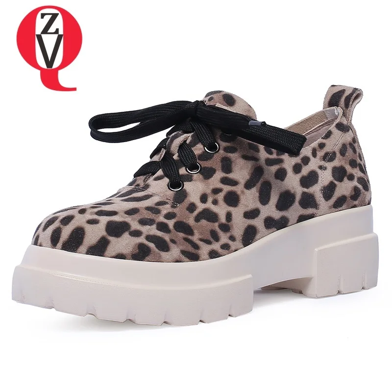 

ZVQ shoes women spring newest fashion leopard cow suede med square heel platform women pumps outside cross-tied plus size shoes