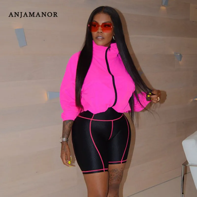 

ANJAMANOR Sexy Two Piece Set Hoodie Top Biker Shorts Streetwear Casual Tracksuit Women Sports Suit Plus Size Outfits D37-AF42
