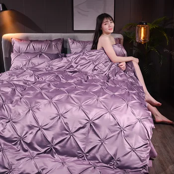 

Nordic Luxury Bedding Set Luxury 4 6 Pcs AB Washed Satin Cotton Duvet Cover Pillowcases Flat Bedsheet Queen King Size