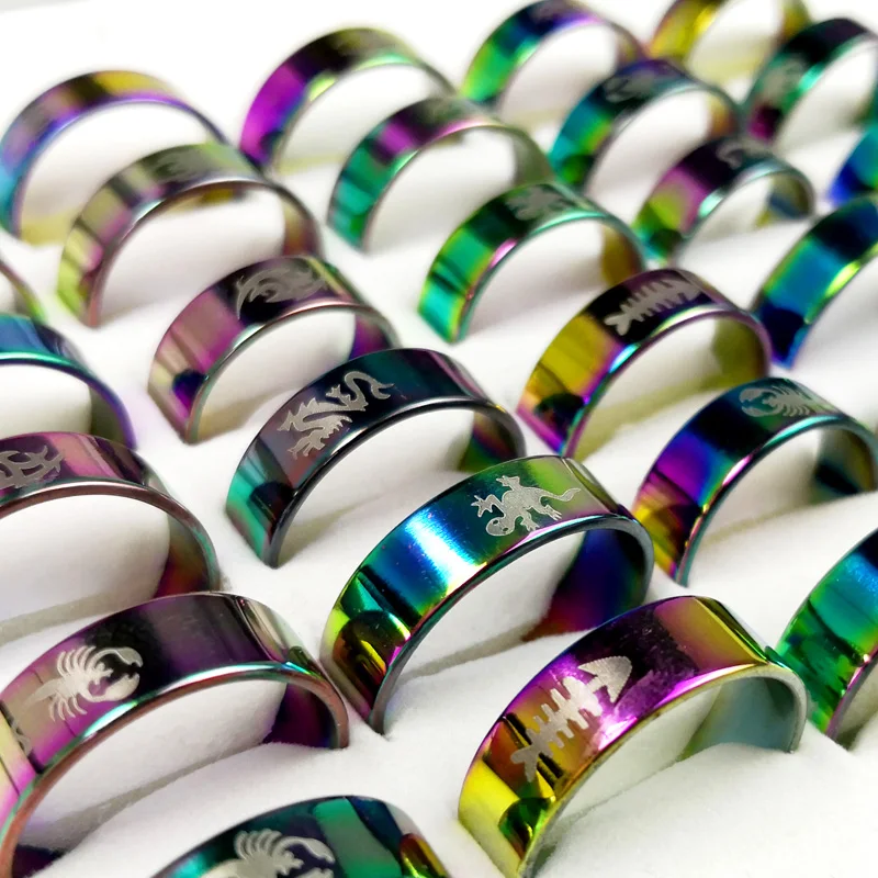 

30Pcs /Lot Fashion Rainbow Stainless Steel Rings For Women Men Gradient Jewelry Ring Lots LR118