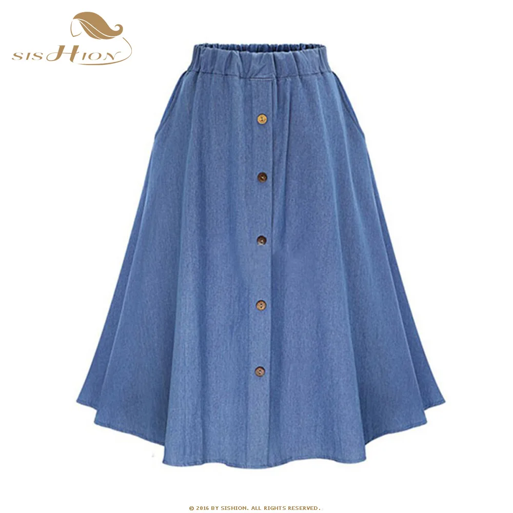 SISHION 2019 Летняя женская юбка трапециевидной формы с завышенной талией SP0034 Женская однотонная Свободная Повседневная джинсовая юбка