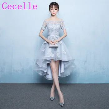 

Cheap Silver High Low Off the Shoulder Bridesmaids Dresses With Short Sleeves Lace Appliques Corset Back Size US 2 4 6 8 10 12