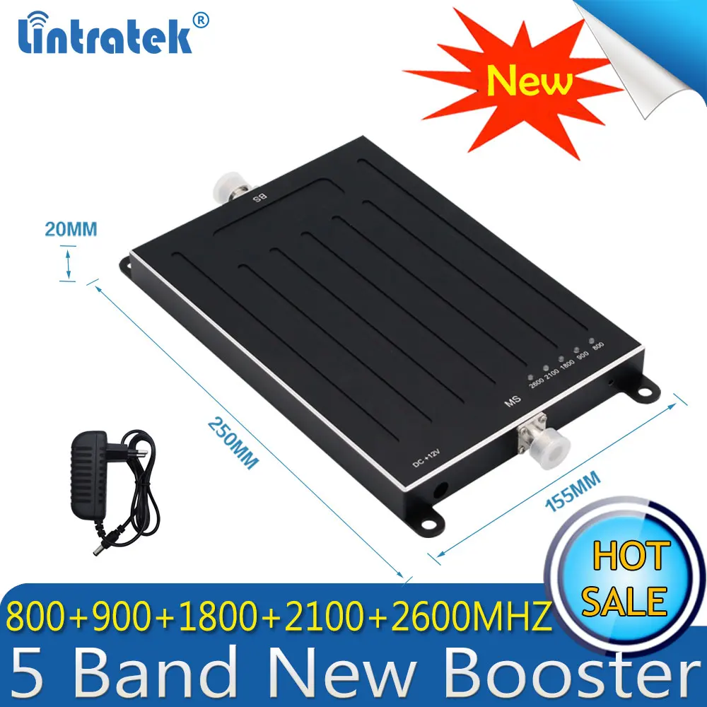 Lintratek Новый 5 полосный усилитель сигнала 800/900/1800/2100 МГц GSM 3G UMTS 4G LTE B1/B3/B7/B8/B20