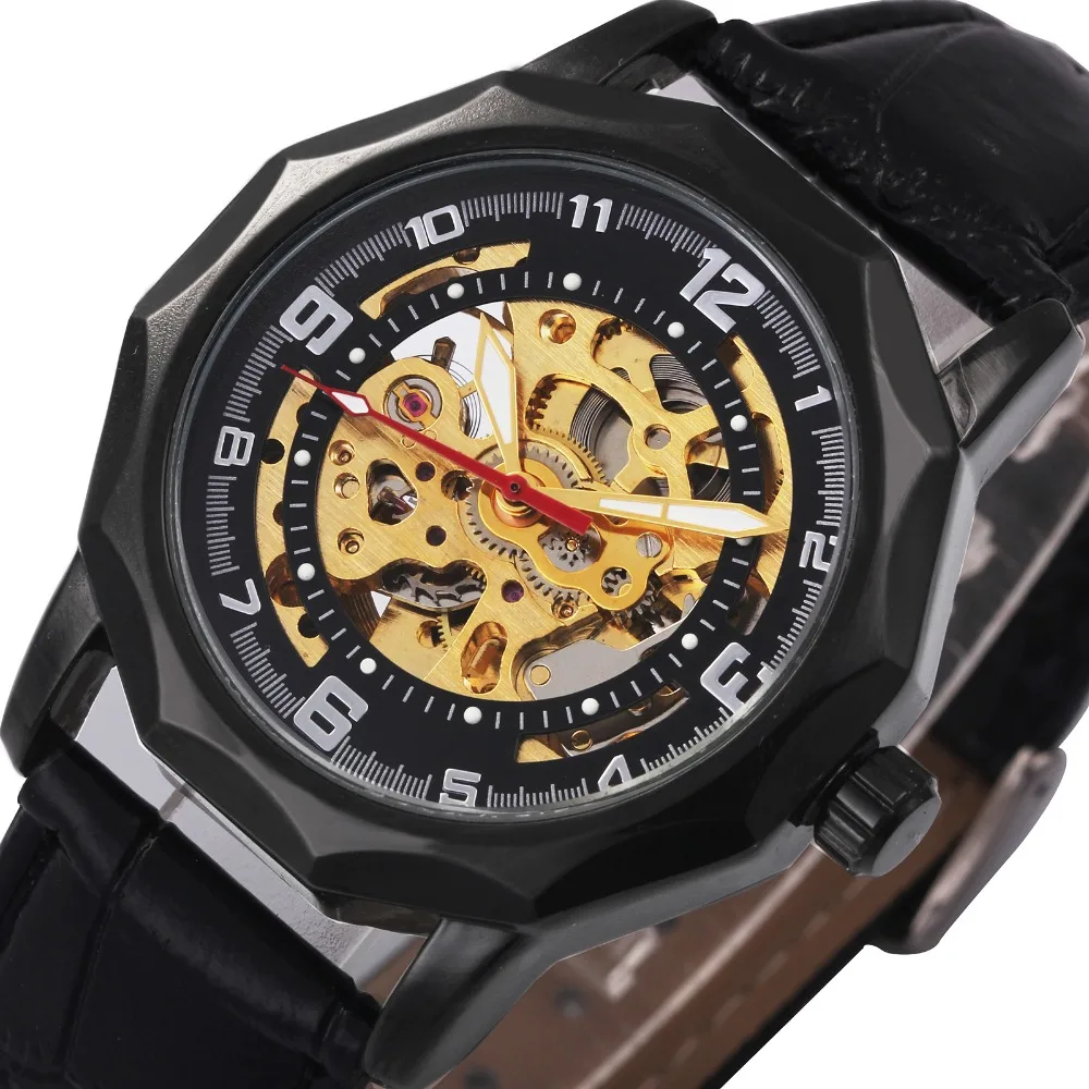 

2018 Men's Automatic Mechanical Wrist Watch Stainless Steel Rhombic Design Case Hollow Louvre Series Leather Band Male Watches
