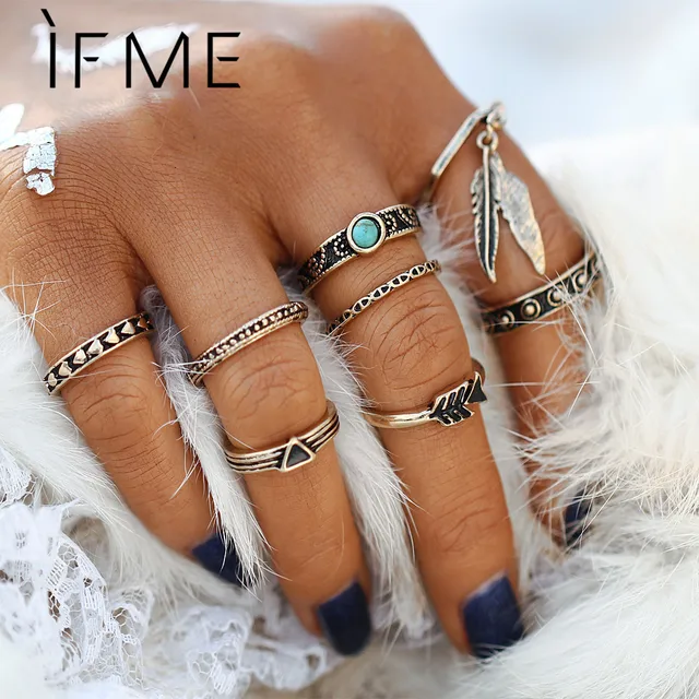 IF ME Vintage Feather Leaf Midi Rings Set Women Fashion Created Stone Arrow Geom IF ME Vintage Feather Leaf Midi Rings Set Women Fashion Created Stone Arrow Geom