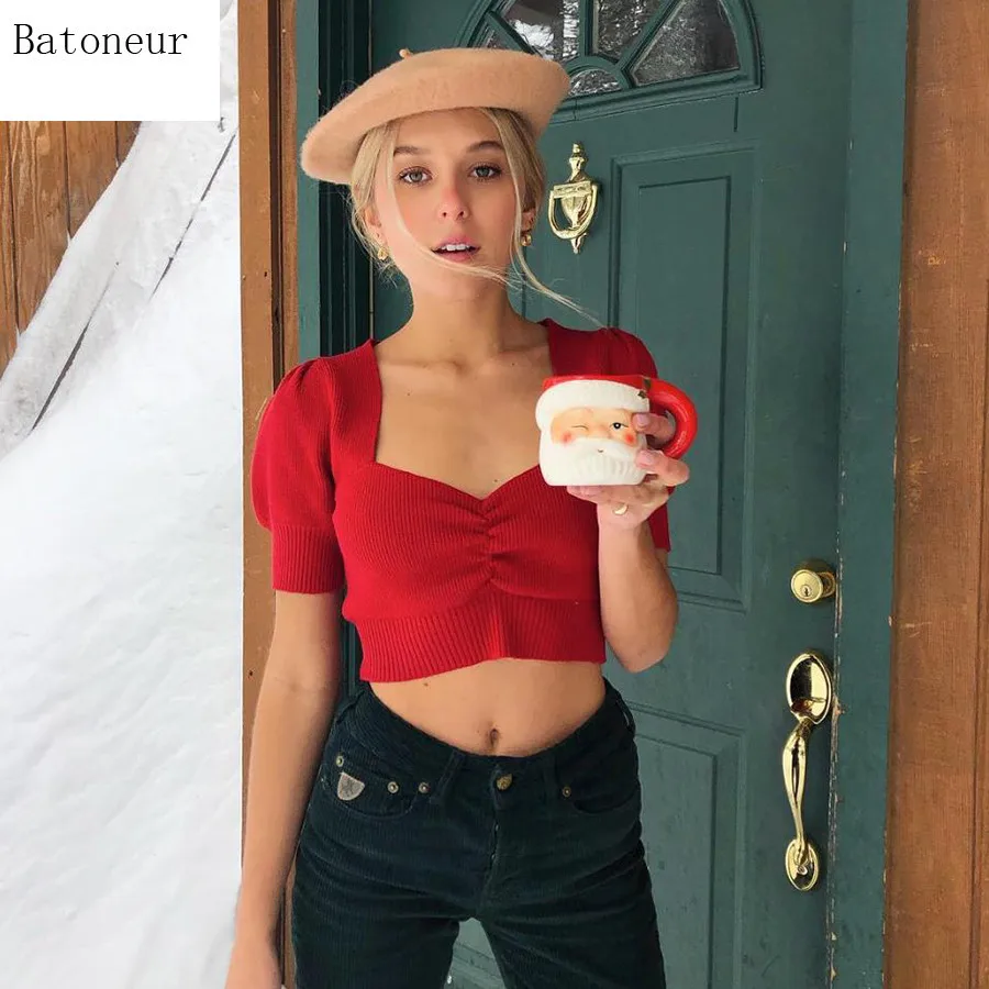 

Solid Women Crop Top 2019 New V-Neck Red Black Retro Knitting Lantern Sleeve High Waist T Shirt Female Cropped Tops