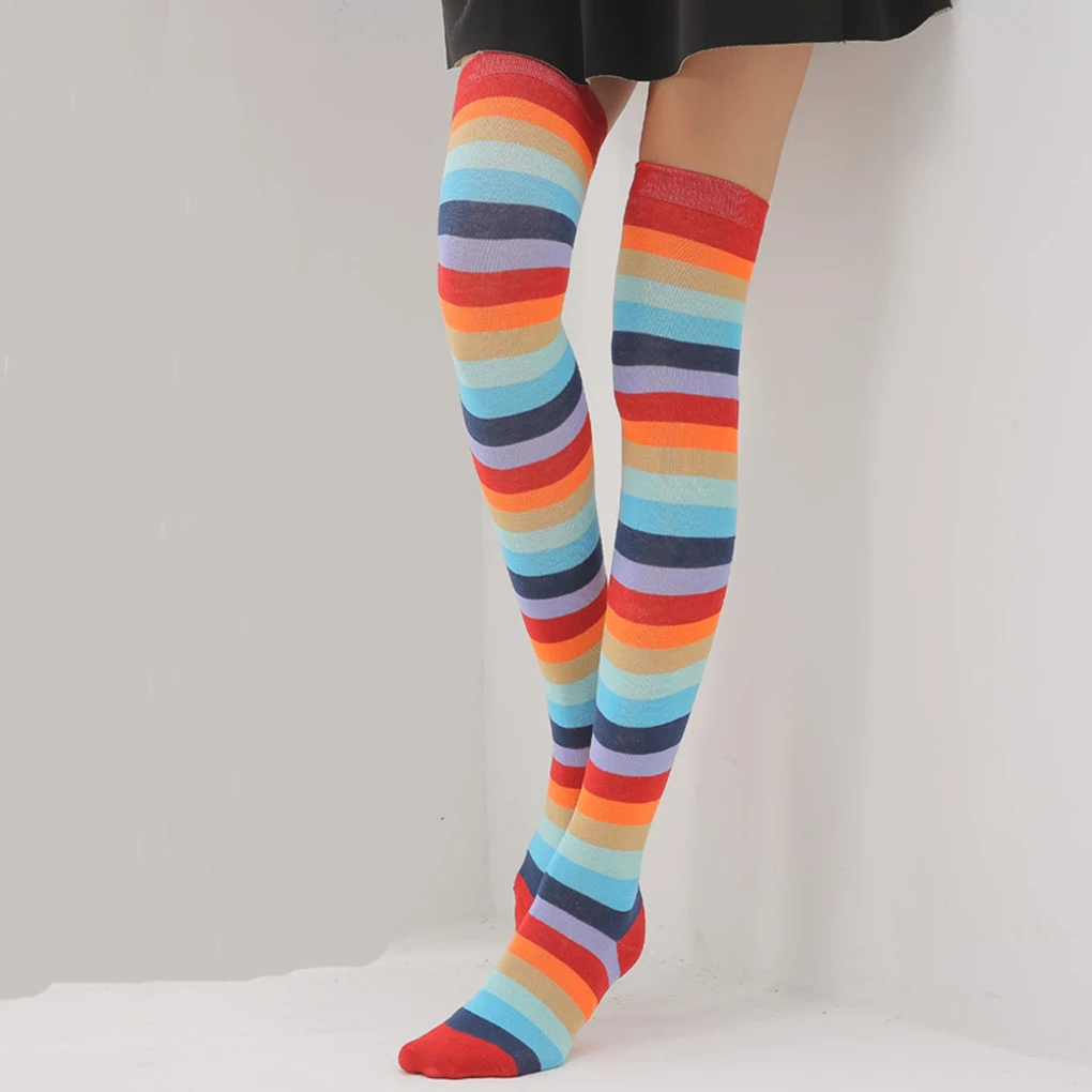 

Women Girl Colorful Rainbow Striped Long Stockings Knitted Stockings Over Knee Stocking Tights Leg Warmer