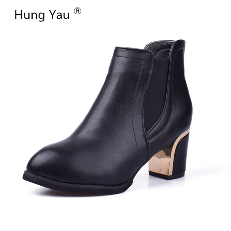 Hung Yau Designer Women Boots High Heel Ankle Boots Martin Black Boots For Women Spring Autumn Thick Heels Shoes Plus Size 9