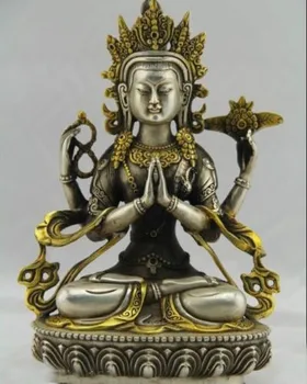 

Copper Brass Home Metal Crafts Tibet Tibetan Buddhism Silver Bodhisattva Four arm Kwan Yin Buddha Statue
