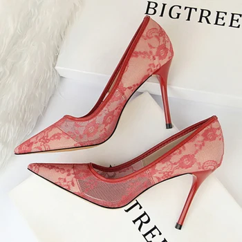 

Vogue Elegant Lace Women Pumps High Heels Transparent Flower Lace Wedding Shoes Women Pointed Toe Sexy Party Shoes SWB0007