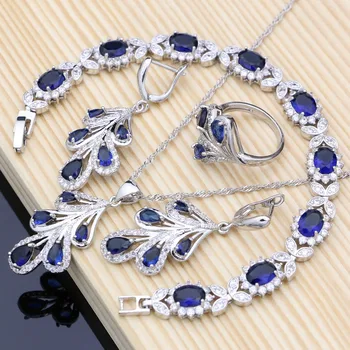 

Silver 925 Jewelry Set Blue Zircon White Crystal Costume For Women Stones Leaves Earrings Rings Bracelet Necklace Set