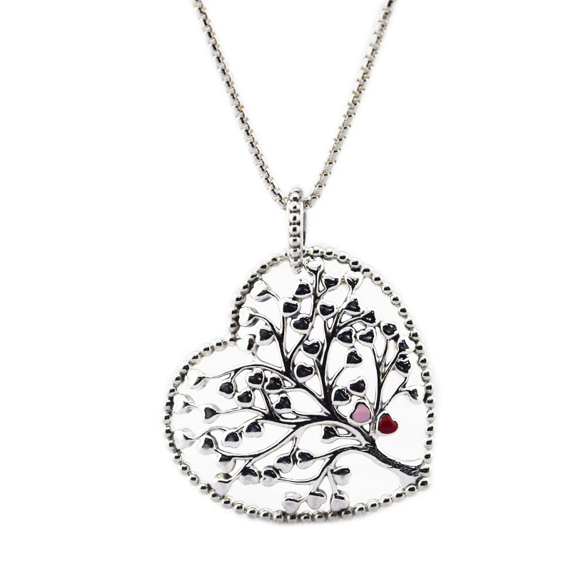 

100% 925 Sterling Silver Necklace Tree of Love Heart Pendant Necklaces for Women Chain 75CM joyas de plata 925