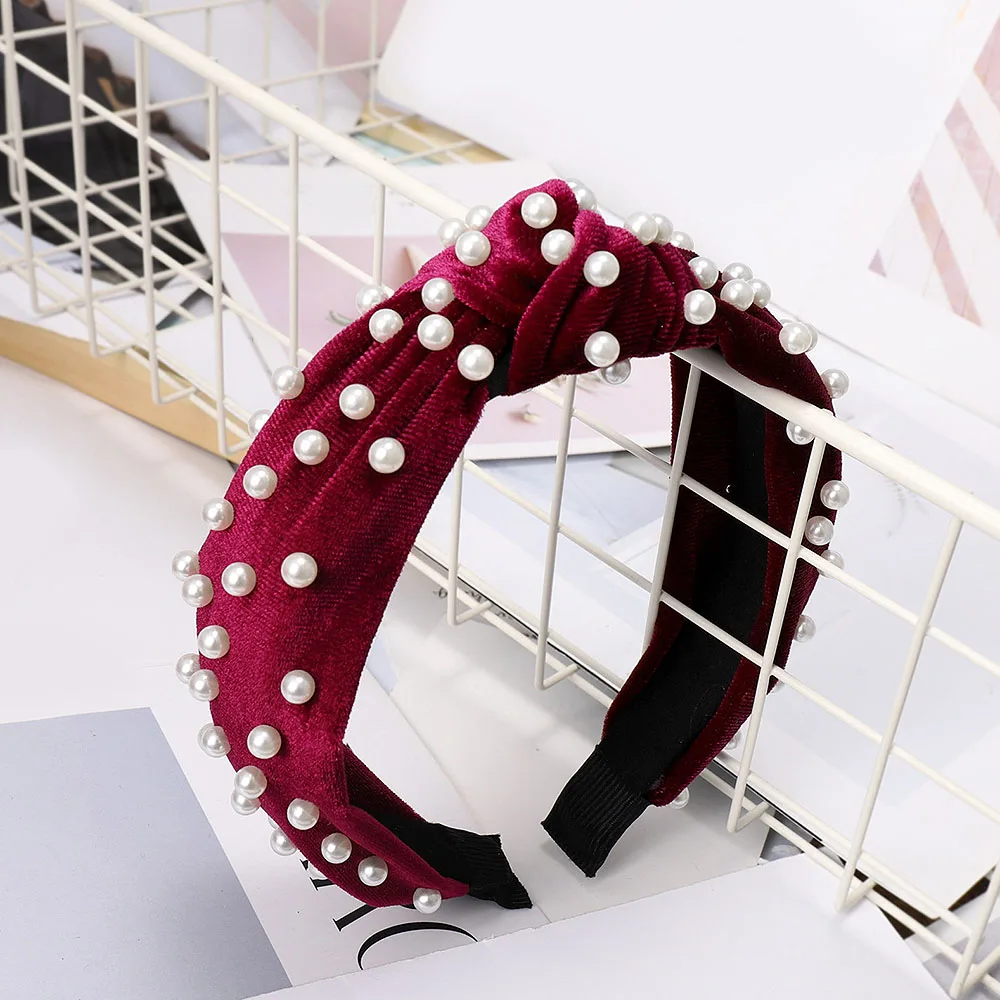 

Newest Women Fashion Turban Velvet Pearl Hairband Korean Middle Knotted Satin Wide Hairband