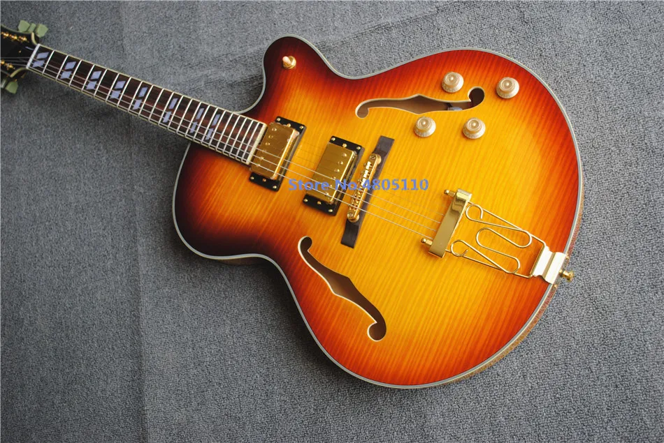 

High quality double F hole jazz electric guitar gold hardware tiger pattern maple xylophone body neck free shipping