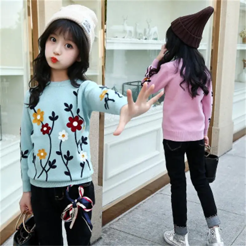 

2018 winter fashion embroidered sweater girls big children's bottoming shirt sweater tide jacquard thick sweater pullover