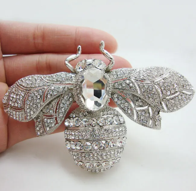 

Rhinestone Crystals Bee Insectl Clear Brooch Pin Silver-Tone