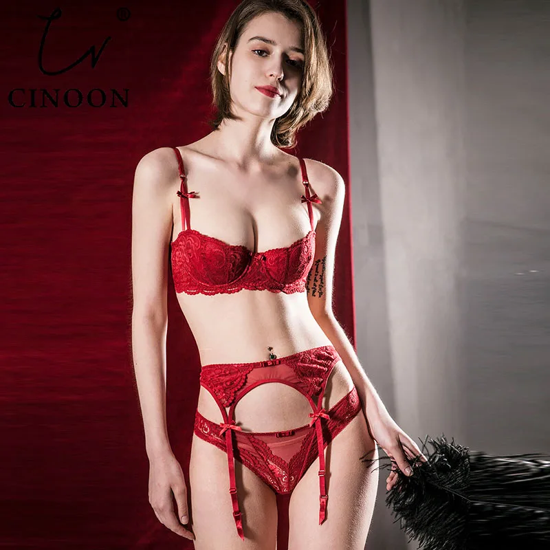 Goedkoop CINOON Sexy Mousse plus size bh set Borduurwerk Half Cup Lingerie Verleiding Beha + slipje + Garters Set 3 stuks ondergoed Set