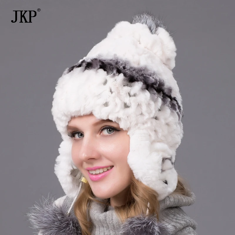 Women's warm autumn and winter rabbit fur woven hat ears fox fashion hair ball knit female THY-08 | Аксессуары для одежды