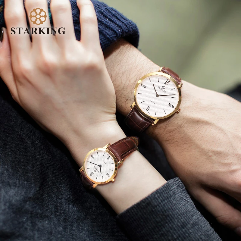 BEST  STARKING Couple Watches Ultra-Thin 6mm Man Women Quartz Wristwatch Japan Movt Sapphire Crystal Leat