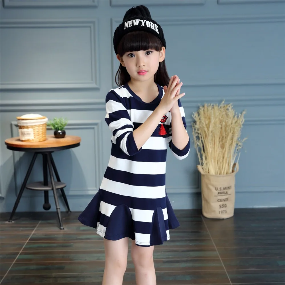 

Kids Clothes Spring Autumn Dresses Navy Striped Style Dress for Girls Age 4-14