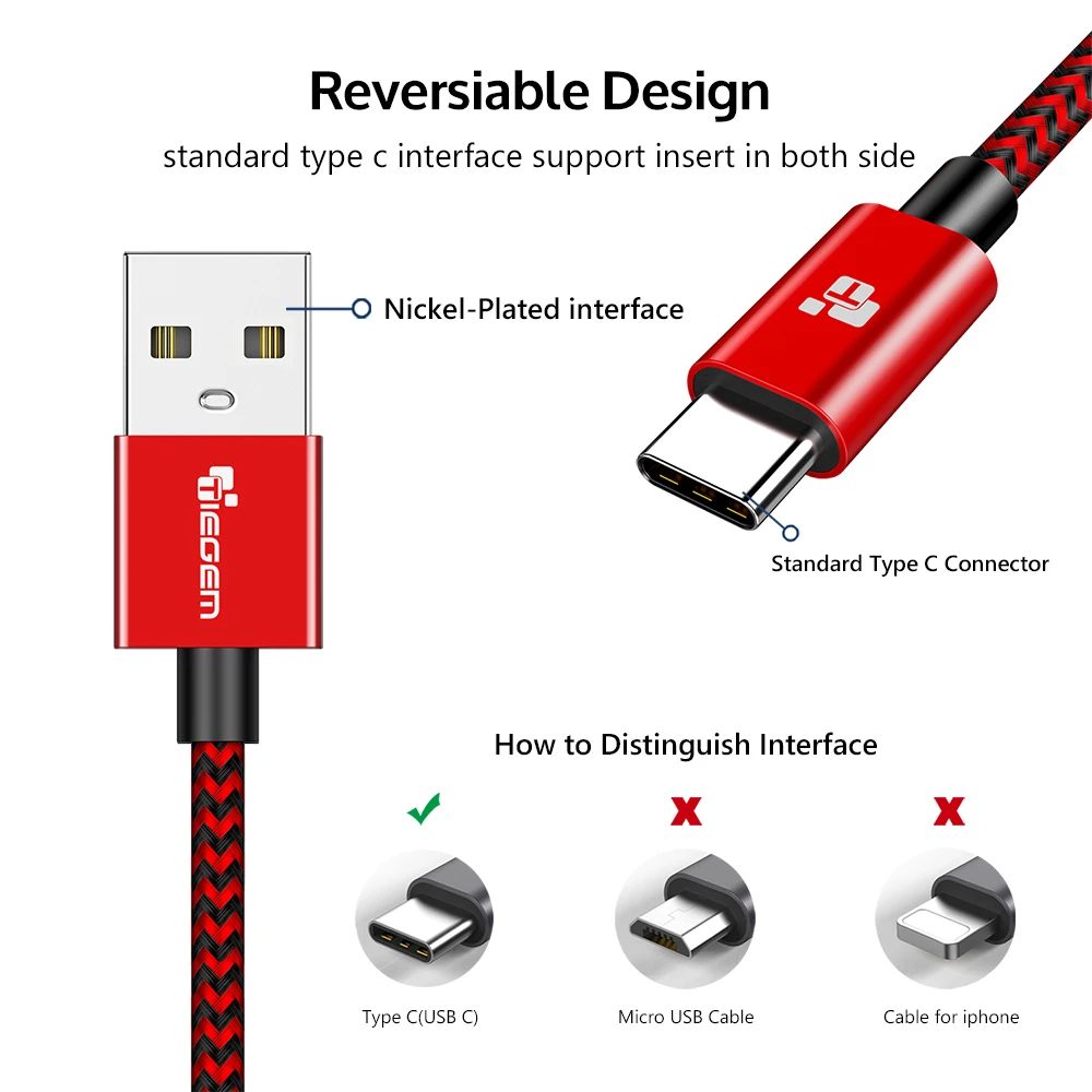 Кабель TIEGEM USB Type C 3 1 нейлоновый кабель для передачи данных быстрой зарядки