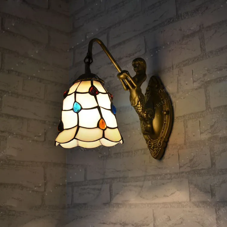 

Simple Modern European Style LED Frosted Glass Wall Lamp Tiffany Lamp Bedside Bedroom Wall Lamp Mermaid Peacock Tail Wall Sconce