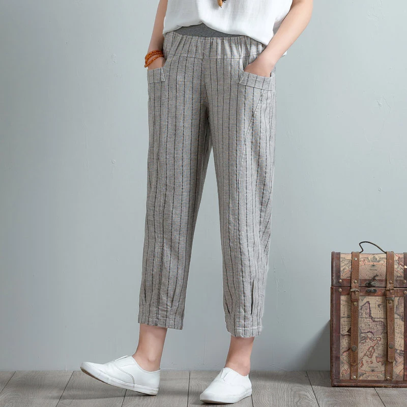 Plus Size Cotton Linen Harem Pants Women Spring Summer High Waist Striped Pockets Pants Casual Elas