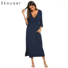 Ekouaer женское длинное платье для сна, ночная рубашка с v-образным вырезом и рукавом 3/4, одноцветная ночная рубашка с карманом, женские свободные ночные рубашки, ночная рубашка размера плюс