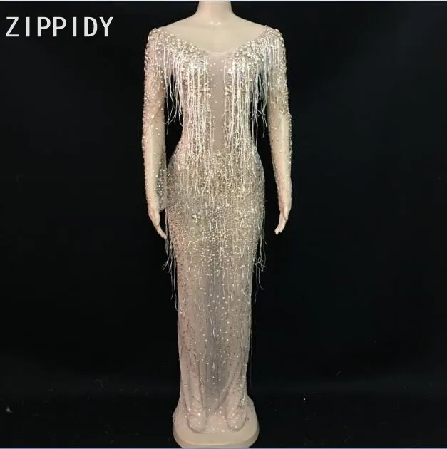 

Flashing Gold Rhinestones See Through Tassel Dress Women's Birthday Celebrate Mesh Dress Costume Prom Party Singer Outfit Dress