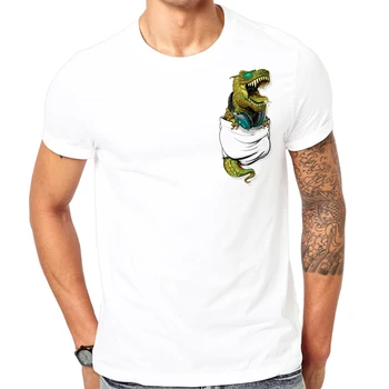 

2019 Novelty 3D Fashion Dinosaur Pocket print t-shirt New Summer T-Shirt Cool Men Brand Fashion white t-Shirt Funny pocket Tees