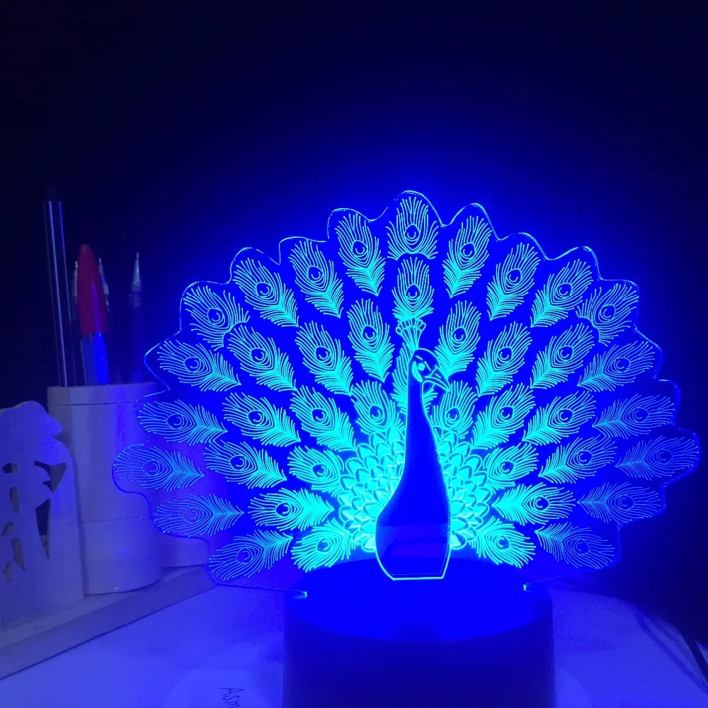  Peacock Spreads Tail Peafowl 3D LED Night Light 7 Color Changing Animal Table Lamp Home Decor Gifts - 32860422595
