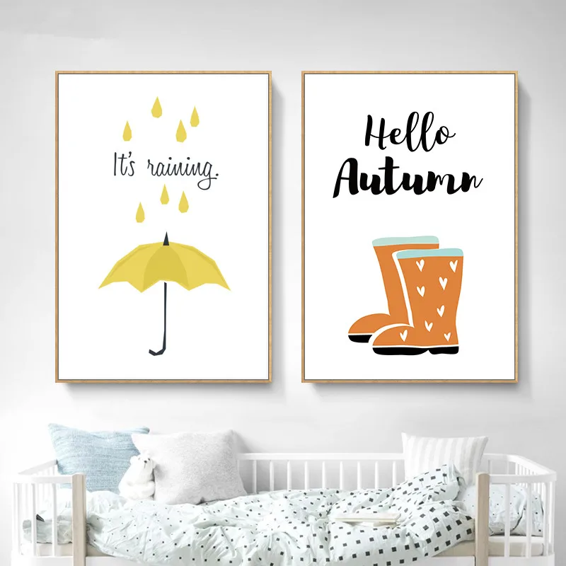 

Hello Autumn Wall Picture Children Cartoon Art Print It's Raining Canvas Painting Poster Home Room Decor No Frame LY0030
